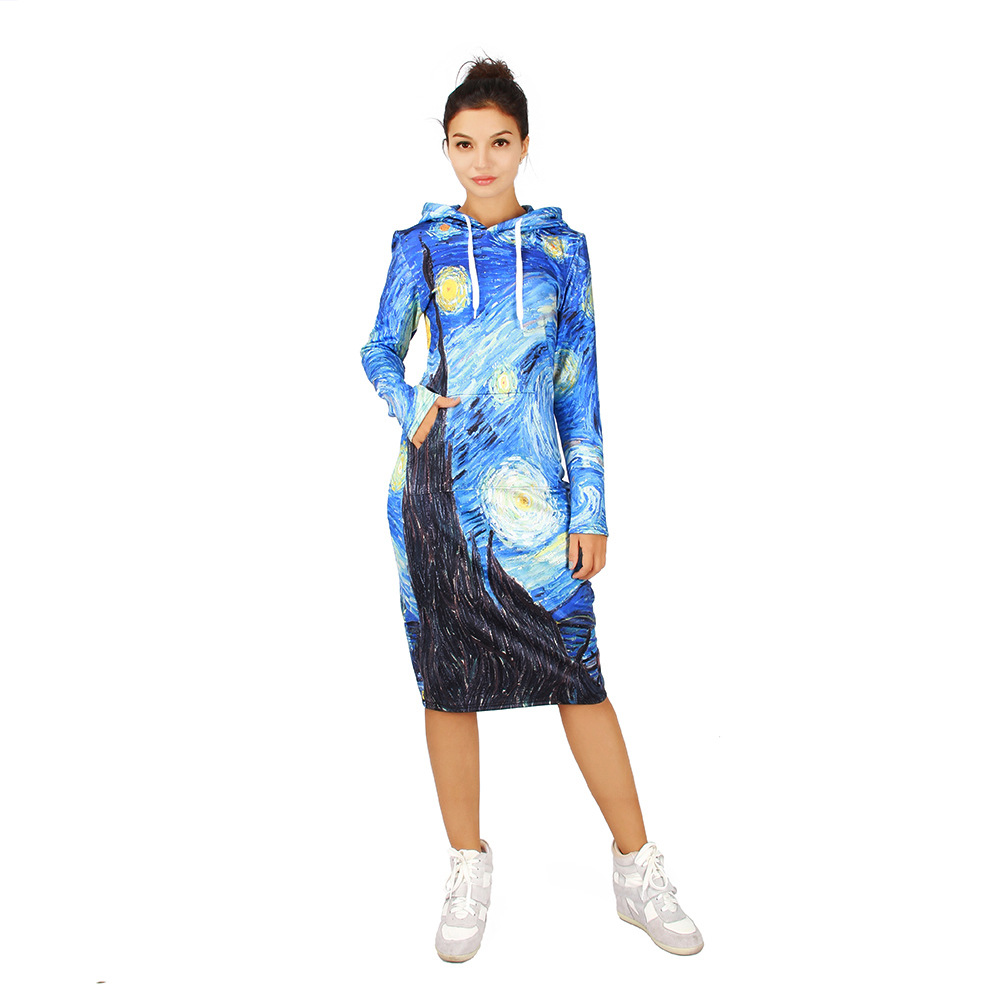 SZ60077 Blue Vortex Hooded Sweatshirt Dress Women Long Sleeve Hoodies Dress